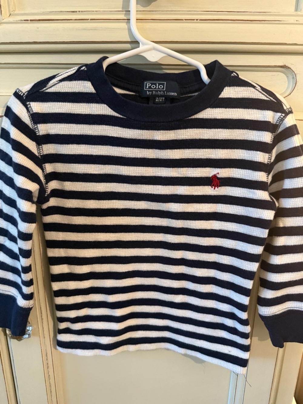 Polo by Ralph Lauren Navy & White Striped Long Sleeve Tee with Red Pony